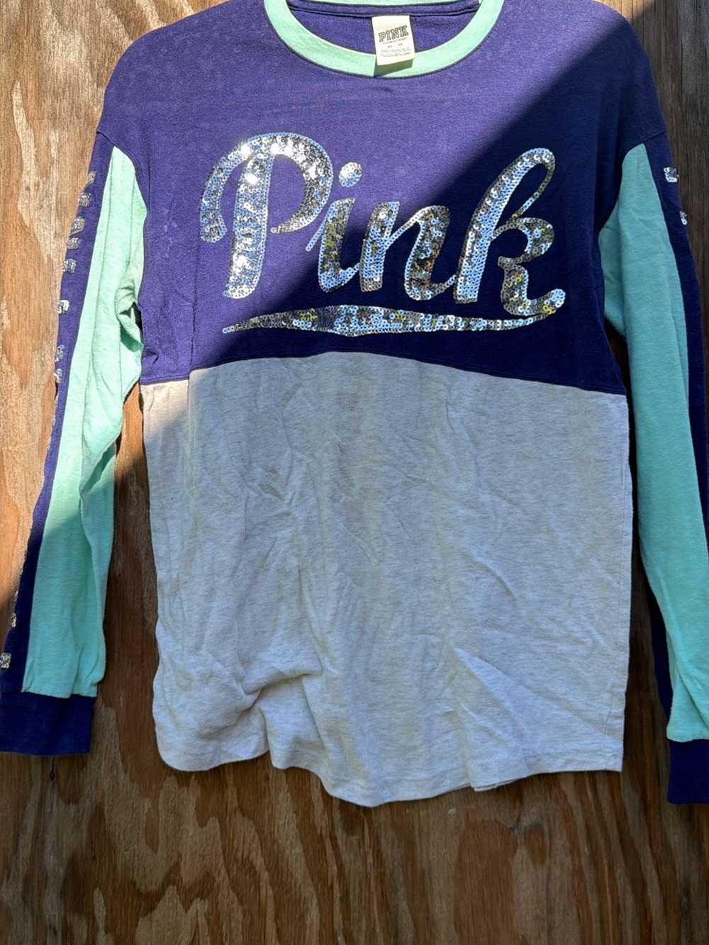 PINK Victoria's Secret Purple, Mint & Grey Sequin Logo Long-Sleeve Tee